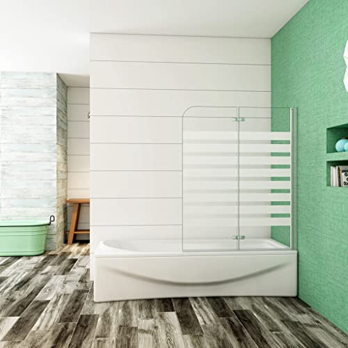 120x140 cm Sopravasca Parete per Vasca da Bagno Due Ante Movibili Montaggio Verso Destro Vetro 6 mm Temperato Anticalcare Fascie Centrali in Serigrafato Bianco Opaco