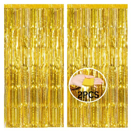 AMZJIMTOP Gold Tinsel Foil Fringe Curtain Party Decorations 2Pcs 3.3ft *6.6ft Metallic Tinsel Curtains Streamers Party Backdrop Foil Curtain for Birthday Party Wedding Holiday Decoration