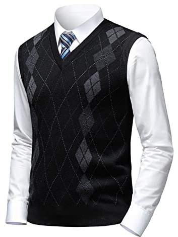 Herothorn Men's Business Sleeveless Sweater Vest Slim Fit Wool Knitted Gilets Jumper Gentleman Argyle V-Neck Pullover Tank Top for Autumn Winter B-Black