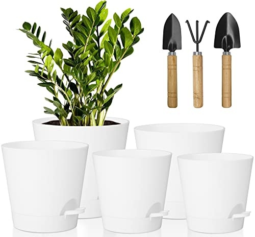 Macetas para Flores Juego de 5, 17.8/16.5/15.2/13.9/12.7cm macetas de Auto-riego, Maceteros Decorativos Interior con Agujeros de Drenaje, Macetas De con Forma De Flor para Interior para DecoracióN