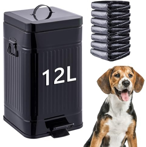 Umtiti Dog Poop Trash Can with Lid for Outdoors，12-Liter Trash Can with 200PCS Black Plastic Bags, Pet Waste Container，Black+200BK