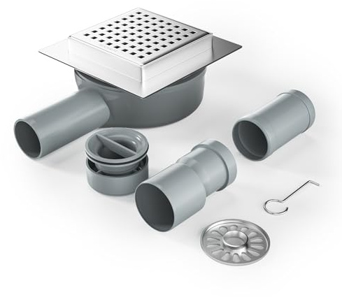 Bernkot Duschrinne Quadrat 10 * 10cm, 360° Siphon mit Geruchsstop und Haarsieb Edelstahl Ablaufrinne Bodenablauf Duschablauf sehr flach DN50 DN40
