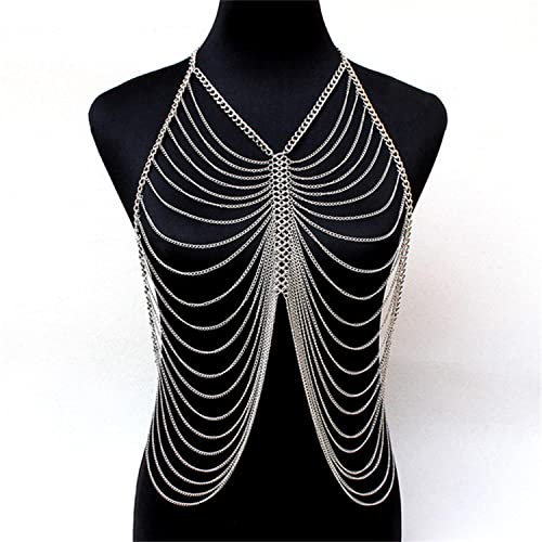 RWRAPS Quasten Brust Silber Körperkette Trendige mehrstöckige BH-Kette Sexy Bikini Strand BH Schmuck für Frauen