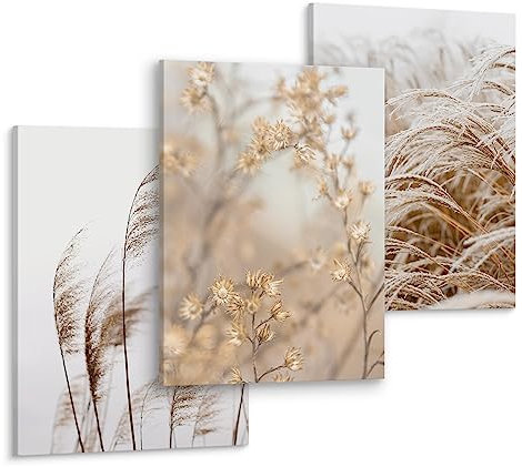 Muralo - Wandbilder Leinwand Set Aufhängefertig - Bilder für Wohnzimmer Schlafzimmer - Moderne Wanddeko Boho - Pampagras - 3 Bilder 30 x 40 cm