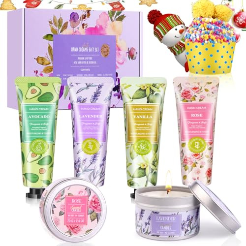 Coffret Cadeau pour Femmes, 4 Crème Mains & 2 Bougies Parfumées &1 paire de chaussettes, Coffret Cadeau de Noël pour Saint-Valentin,Coffret Cadeau d'Anniversaire pour Maman Petite Amie Meilleur Ami