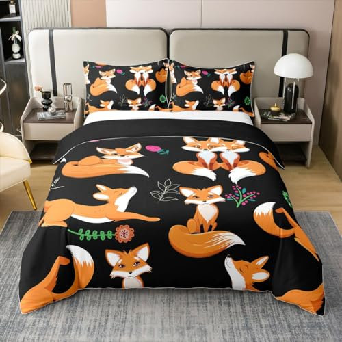 100% Baumwolle Kinder Cute Fox Bettbezug Jungen Mädchen 155x220 Cartoon Fox Tröster Abdeckung Floral Gras Bettwäsche Set Dschungel Wald Tier Bettbezug Schlafzimmer Dekor Schwarz Orange