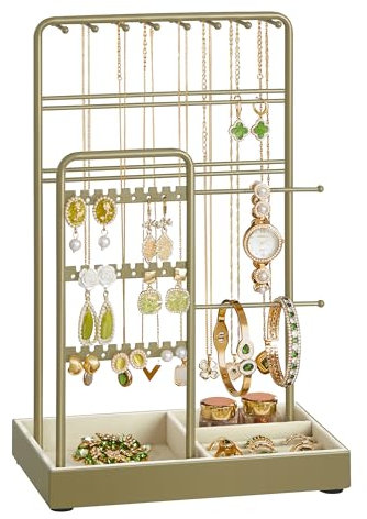 SONGMICS Portagioie, Porta Collane e Orecchini, Espositore per Gioielli, Metallo, Vassoio in Velluto, per Collane Bracciali Orecchini Anelli, Idea regalo, Verde Alloro JJS021C02