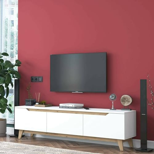 Dmora Mobile Porta TV Cor, Credenza da soggiorno, Armadio Basso per TV, Base parete attrezzata, 180x35h49 cm, Bianco e Rovere