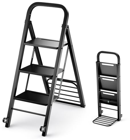 GOPLUS Escabeau Pliable à 3 Marches, Chariot Echelle 2 en 1 avec 2 Roues en Caoutchouc, Chariot Utilitaire en Fer avec Escabeau Pieds Antidérapants, Charge 250Kg, Noir