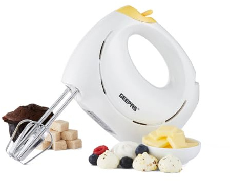GEEPAS 150W Electric Hand Mixer Handheld Food Collection Cake Mixer White | 7 Speed Settings, Stainless Steel Beaters & Dough Hooks, Eject Function, Easy Clean, Idela for Mixing, Whisking & Kneading