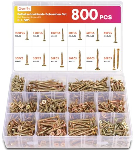 Gorffy Schrauben Set, 800 Stück Holzschrauben Set | Selbstschneidende Schrauben mit Senkkopf, Holzschrauben Sortiment mit Aufbewahrungsbox für DIY-Projekt, Reparatur