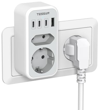TESSAN Vägguttag 2 AC-utgång med 4 USB, USB-laddare 3 600 W, 6 i 1 europeiskt multiuttag för telefon, hushållsapparater, grå