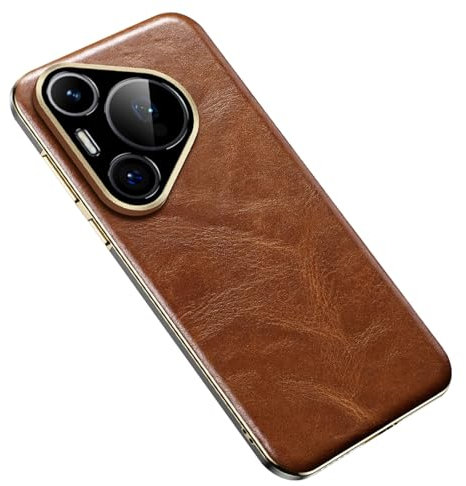 LUOTILAG Cover per Huawei Pura 70 Ultra/70 Pro/70 PRO+/70, Cera d'olio Vera Pelle Lusso Custodia Protezione Dell'obiettivo Sottile Copertura,Ottone,70 Ultra