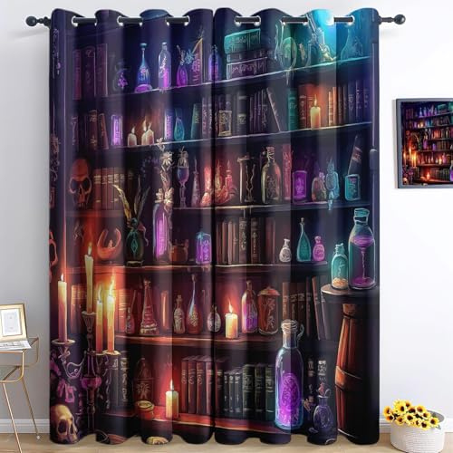 Blackout -Vorhänge H166 x B75 cm (2er Pack) Raumverdunkelung Fantasy-Thema, magische Buchbibliothek, Verdunkelungsvorhänge mit Ösen