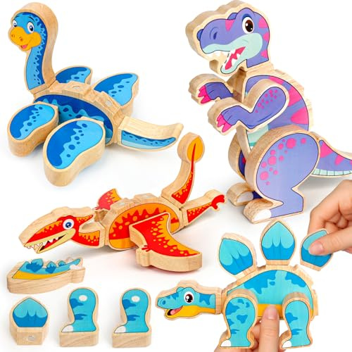 YIQOGAME Montessori Holzpuzzle Holz-Dinosaurier Spielzeug – Montessori Lernspielzeug für Kinder ab 3 Jahren – Fördert Feinmotorik & Kreativität – Pädagogisches Holzspielzeug zum Entdecken & Spielen