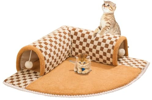 Katzentunnel-Bettteppich, 2-in-1 gepolsterter Katzentunnel mit Plüschball, waschbar, gemütlich, Katzenbett, Höhle, Haustier-Plüschbett, Hundehaus, Katzenkissen, Spielzeug für Kätzchen, Frettchen,