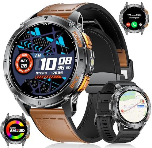 LIGE GPS Reloj Inteligente Hombre con Linterna LED Integrada/Barómetro/Altímetro/Brújula, 1,43 AMOLED HD Smartwatch Hombre con 110+Modos Deportivos/530 mAh Batería/Impermeable IP68, iOS Android