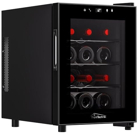 Tronitechnik® Weinkühlschrank Bordeaux, Minibar, Mini-Kühlschrank, Getränkekühlschrank 31 Liter, 12 Flaschen, Weinkühler mit LED Licht & Einschübe freistehend