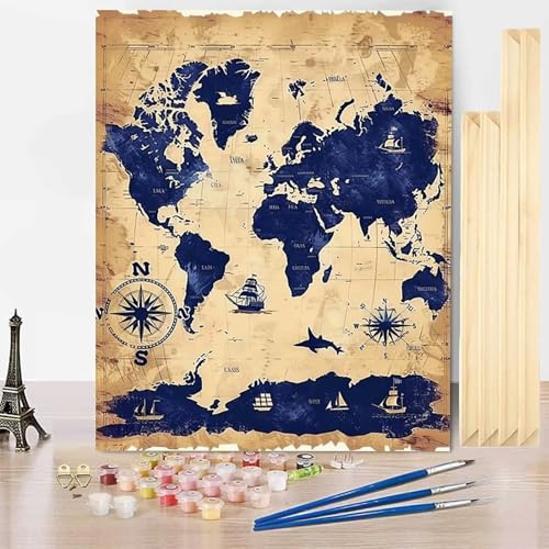Pintar por Numeros Adultos Mapa Pintar por Numeros con Marco, Paint by Numbers Adult Mapa del Mundo Paint by Numbers con 3 Pinceles y Pigmento Acrílico para Decoracion Pared, Regalo 50x65 CM -j25035M