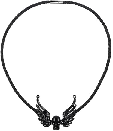 Oidea Angel Wing Skull Leather Necklace: Hip Hop Rock Black Braided Leather Cord Chain Necklaces Retro Gothic Halloween Pendant Necklace Jewelry Gifts for Men and Women