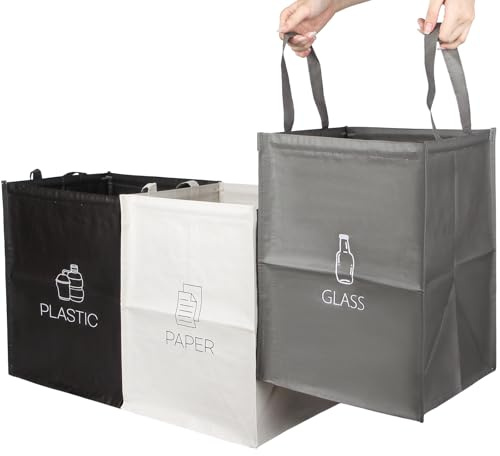 Sistema de separación de residuos de 3 compartimentos, organizador de reciclaje, bolsas de vidrio, plástico, papel, sistema de separación de residuos con barras de apoyo, sistema de separación de