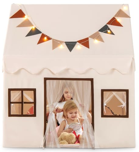 Maxmass Large Kids Play Tent, Toddler Play House with String Lights, Flags, Padded Mat, Mesh Curtains, 3 Windows, Indoor Outdoor Children Playhouse Castle Fairy Tents for 3-14 Years Old Boys Girls