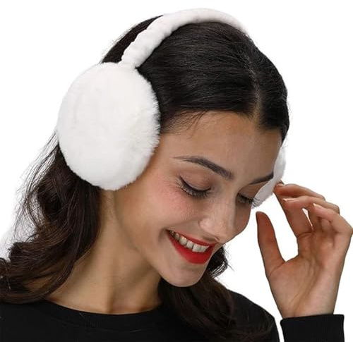 Winter Ear Muffs, Foldable Ear Warmers, Adjustable Earmuffs for Women Men, Unisex Faux Fur Windproof Portable Ear Covers with Earlap for Girls Ladies Cold Weather Outdoor Activities Gifts - White