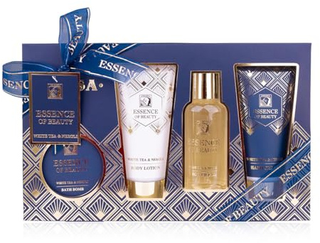 Accentra Badset SALSA ESSENCE OF BEAUTY för kvinnor, lotion, gel, handkräm, badbomb, vit te- och nerolidoft, presentförpackning, lyx för kvinnor