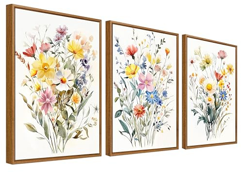 3Pcs Bunter Blumenstrauß Blumen Leinwand Bilder Set Mit Rahmen Wandposter Gelb Weiß Wildblumen Gänseblümchen Bild Wandbilder Wohnzimmer Schlafzimmer Badezimmer Wanddeko 40x60cm x3pcs (Ohne Acrylglas)