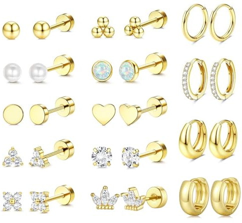 TINGN 14 par örhängen med platt baksida för kvinnor, allergivänliga, kirurgiska stålörhängen för känsliga öron, 20 g broskörhängen, staplar, 14 K, guldpläterade ringar, stiftörhängen, set för flera