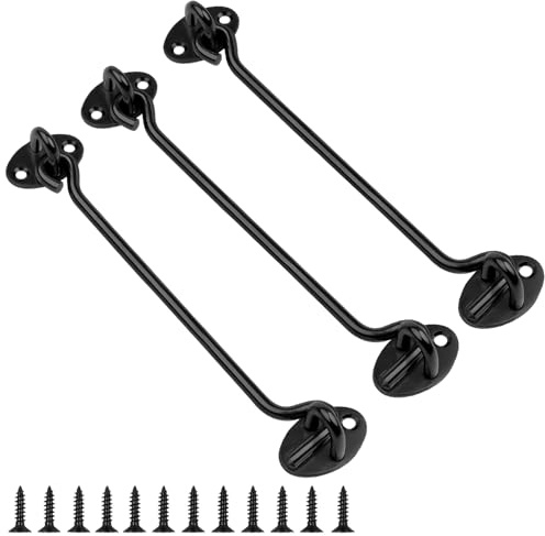 Pack of 3 Storm Hooks with Eyelet, 200 mm Stainless Steel Door Latch, Black Locking Hooks, Door Storm Hooks with Eyelets, with 12 Screws, for Home, Garden, Fence