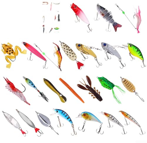 Juego completo de señuelos de pesca de 24 piezas para trucha de lubina con ganchos agudos de púas y diseños realistas almacenados en una práctica caja de cebo de transporte para viajes de pesca