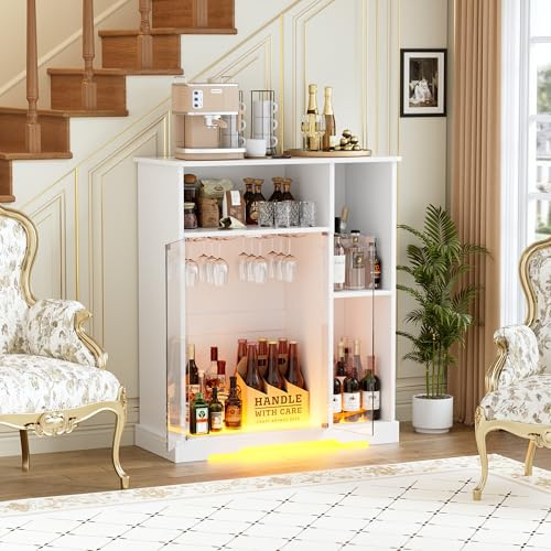 MSFE Wine Bar Cabinet,Armario Bar Vino con Luces LED,Armario Buffet de Madera,Aparador con Soporte de Cristal y Puerta de Cristal,Almacenamiento de Vino para Cocina, Comedor, Bar,85.4 * 40 * 110cm