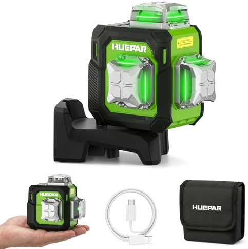 Huepar Kreuzlinienlaser 360, Kompakt Laser Wasserwaage | 3x360° Laser Nivelliergerät Selbstnivellierend, wiederaufladbar, starker Magnethalterung, Innen- und Außendekoration ST03CG