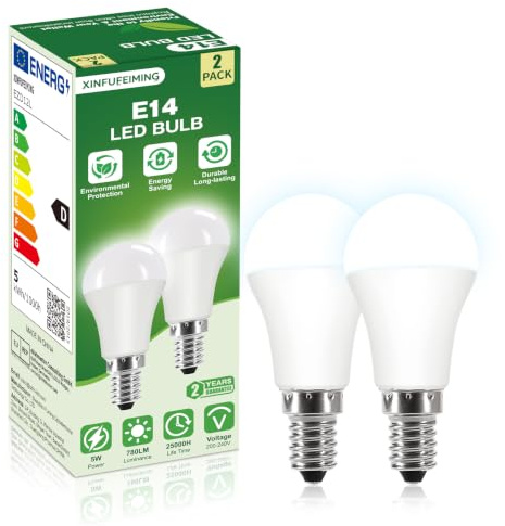 XINFUFEIMING E14 LED Ultrahelle Energiespar, 5W Glühbirne Ersatz für 40W-Glühbirne, G45/P45 Energiesparlampe 60W Halogenlampe ersetzt, Kaltweißes 780LM Not Dimmable 6000K 2 Stück