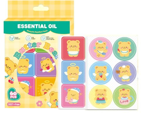 Pegatinas Antimosquitos para Niños y Adultos, 60 Parches Repelentes de Mosquitos con Dibujos de Animados, para Camping, Senderismo, Jardín e Interior (Bear)