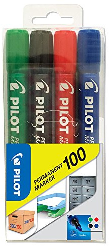 Pilot - Permanent Marker 100 - Marqueur - Set de 4 - Noir, Bleu, Rouge, Vert - Pointe conique fine