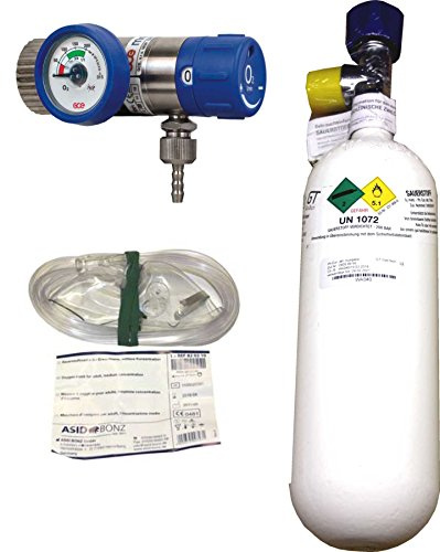 1 Liter Sauerstoffflasche gefüllt, mit Druckminderer Rescue 25, regelbar 1-25 l/min