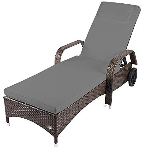 RS Trade Sonnenliege Toscana Braun/Grau - Outdoor Liege mit beständigem Poly-Rattan-Geflecht - verstellbare Rückenlehne - Armlehnen & breite Liegefläche - inkl. Kopfteil und Auflage