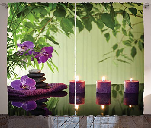 ABAKUHAUS Zen Rustikaler Gardine, Spa Kerzen Orchideen Bloom, Schlafzimmer Kräuselband Vorhang mit Schlaufen und Haken, 280 x 225 cm, Hellgrün Farngrün