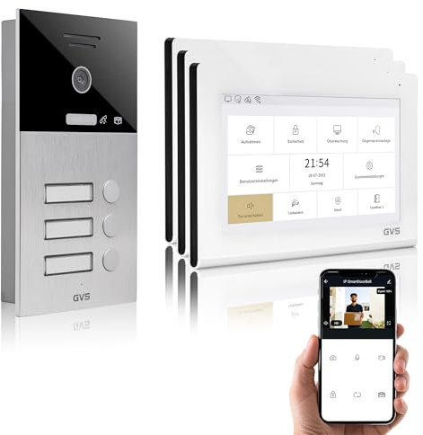 GVS - IP Video Türsprechanlage 3 Familienhaus mit Türöffner, HD Kamera, 3X 7 Zoll Monitor & App - Smarte Video Türklingel mit Kamera & Gegensprechanlage (AVS1374U)