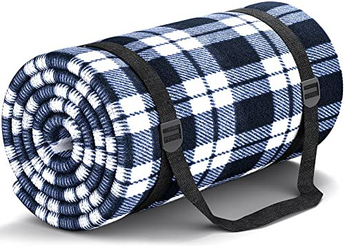 HUTHIM Picknickdecke 200x200cm, Stranddecke Wasserdicht Sandfrei Outdoor Decke Waschbar XXL Picknickdecken, Faltbar Strandmatte mit Schultergurt, ideal für Strand Park (Blaues-Weiß-Gitter)