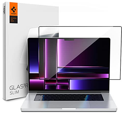 Spigen Glas.tR Slim Displayschutz für MacBook Pro 16 Zoll (M4 Pro / M4 Pro Max / M3 Serie / M2 Serie / M1 Serie), Schwarz Volle Abdeckung, 9H Glas, Antikratz, MacBook Pro 16 Schutzfolie