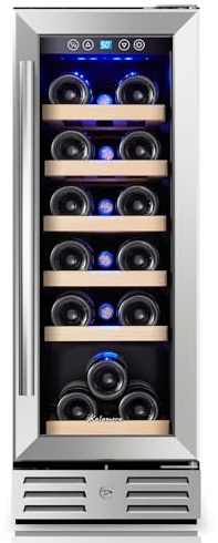 Kalamera Wine Fridge 18 Bottle - 12 inch Mini Cooler Refrigerator, Built-in or Freestanding, with Stainless Steel & Double-Layer Tempered Glass Door, and Temperature Memory Function