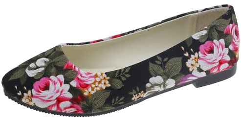 Hwalleum Ladies Floral Printed Ballet Flats, Womens Casual Comfort Round Toe Flat Pumps Girls Elegant Flower Printing Flat Shoes Office Shoes Driving Loafers Wedding Flats Black
