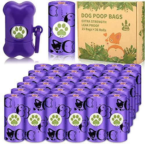 Amzeeniu Hundekotbeutel 540 Tüten 36 Rollen Beutel Hundekotbeutel kot,Inklusive 1 Spender,tropfsichere Hundetüten,Dog Poo Bags15 Beutel pro Rolle Leicht Abzureißen Violett Corgi-Muster Hundetüten
