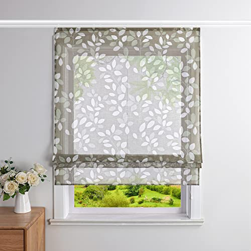 Heichkell Transparentes Raffrollo mit Klettband Küche Gardine mit Blätter Druck Raffgardine Modern Schienegardine für Wohnzimmer Braun BxH 80x140cm