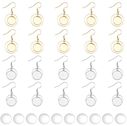 DICOSMETIC 2 Farbiges Cabochon Ohrring Haken Herstellungsset Aus Edelstahl 20 Stück 12mm Flache Runde Leere Lünette Goldene Ohrringe Und 20 Stück Glas Cabochons Für Die Ohrringschmuck