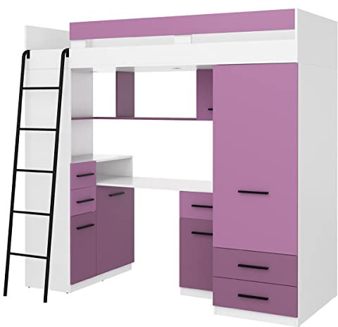 BIM Furniture Hochbett Etagenbett Entresole SMYK L Bett 200x80 cm mit Treppen Kinderbett Kleiderschrank Regal Schreibtisch Kinder Möbel Set Linke Seite (Weiß/Lavendel/Violett)