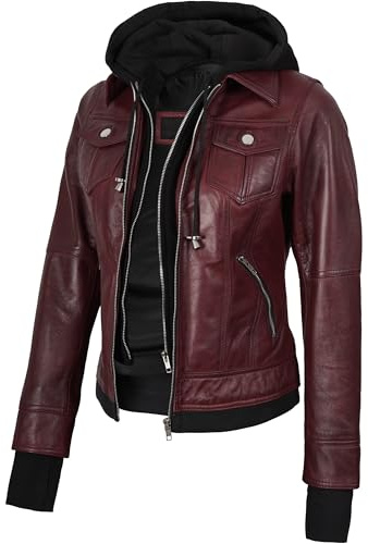 fjackets Leather Jackets For Women - Removable Hood Real Lambskin Betty Maroon Leather Jacket Women (N2) | [1316112] S